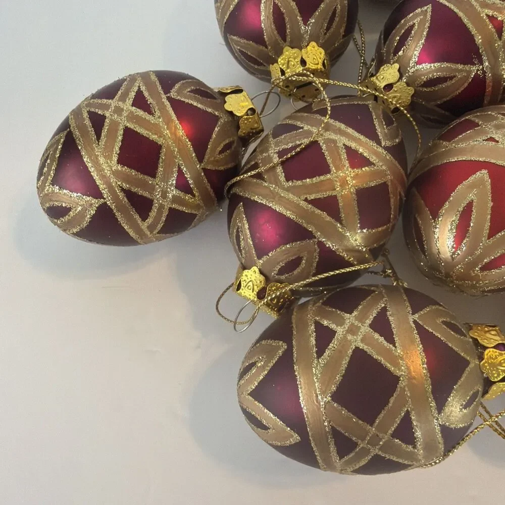 12 Shatterproof Egg Christmas Ornaments Burgundy White Gold Glittered Floral Lot
